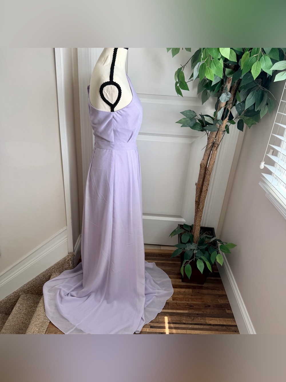 David’s Bridal Long One-Shoulder Crinkle Chiffon Dress Iris Lavender Sz 6 - Picture 7 of 16